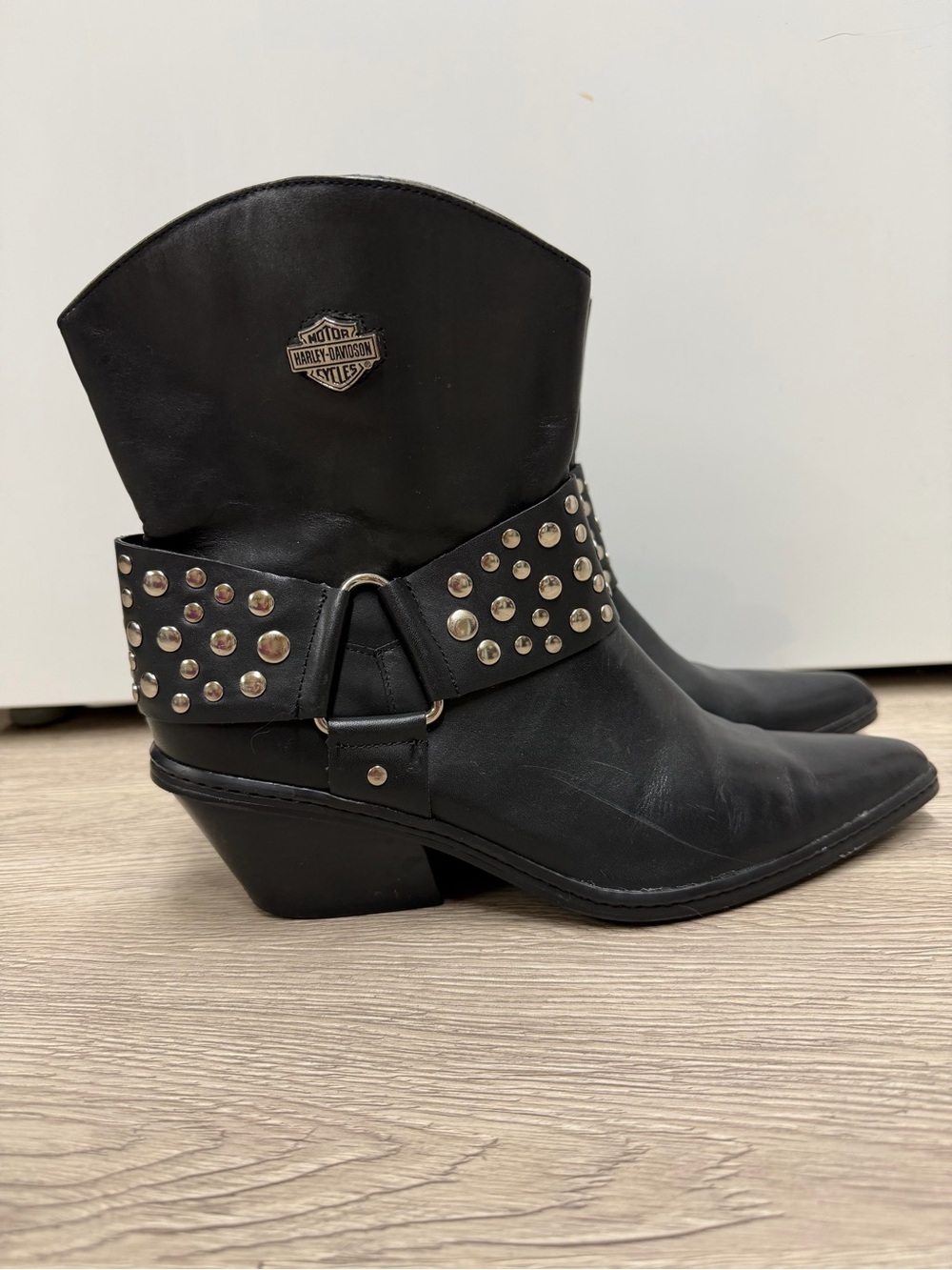 Harley-Davidson Black Leather Studded Harness Ankle Boots